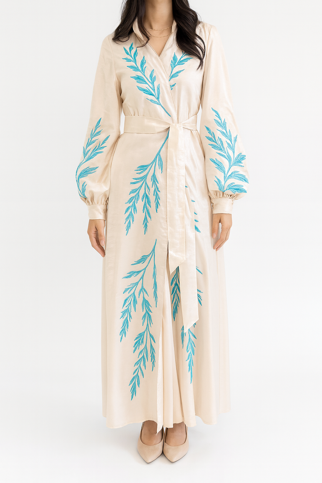 Robe Royal “Willow” Hand-Embroidered Maxi Robe – Sand & Azure