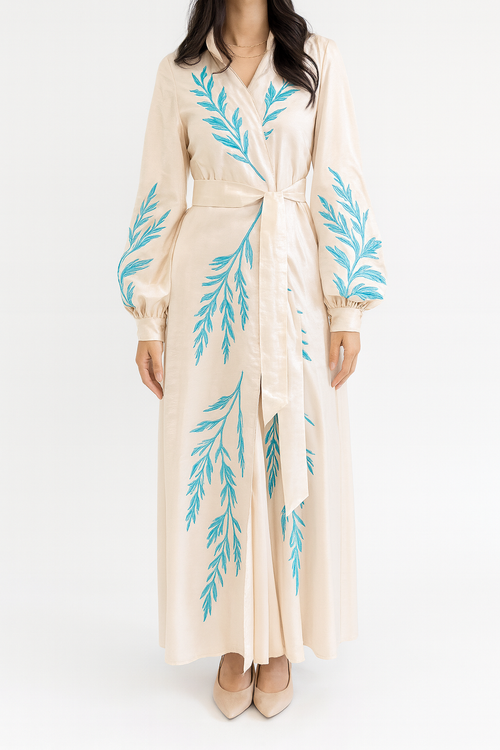 Robe Royal “Willow” Hand-Embroidered Maxi Robe – Sand & Azure