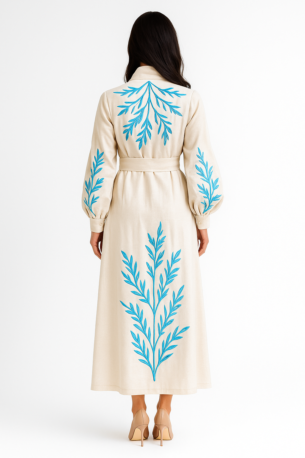 Robe Royal “Willow” Hand-Embroidered Maxi Robe – Sand & Azure