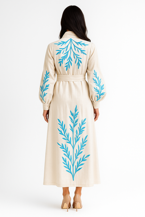 Robe Royal “Willow” Hand-Embroidered Maxi Robe – Sand & Azure