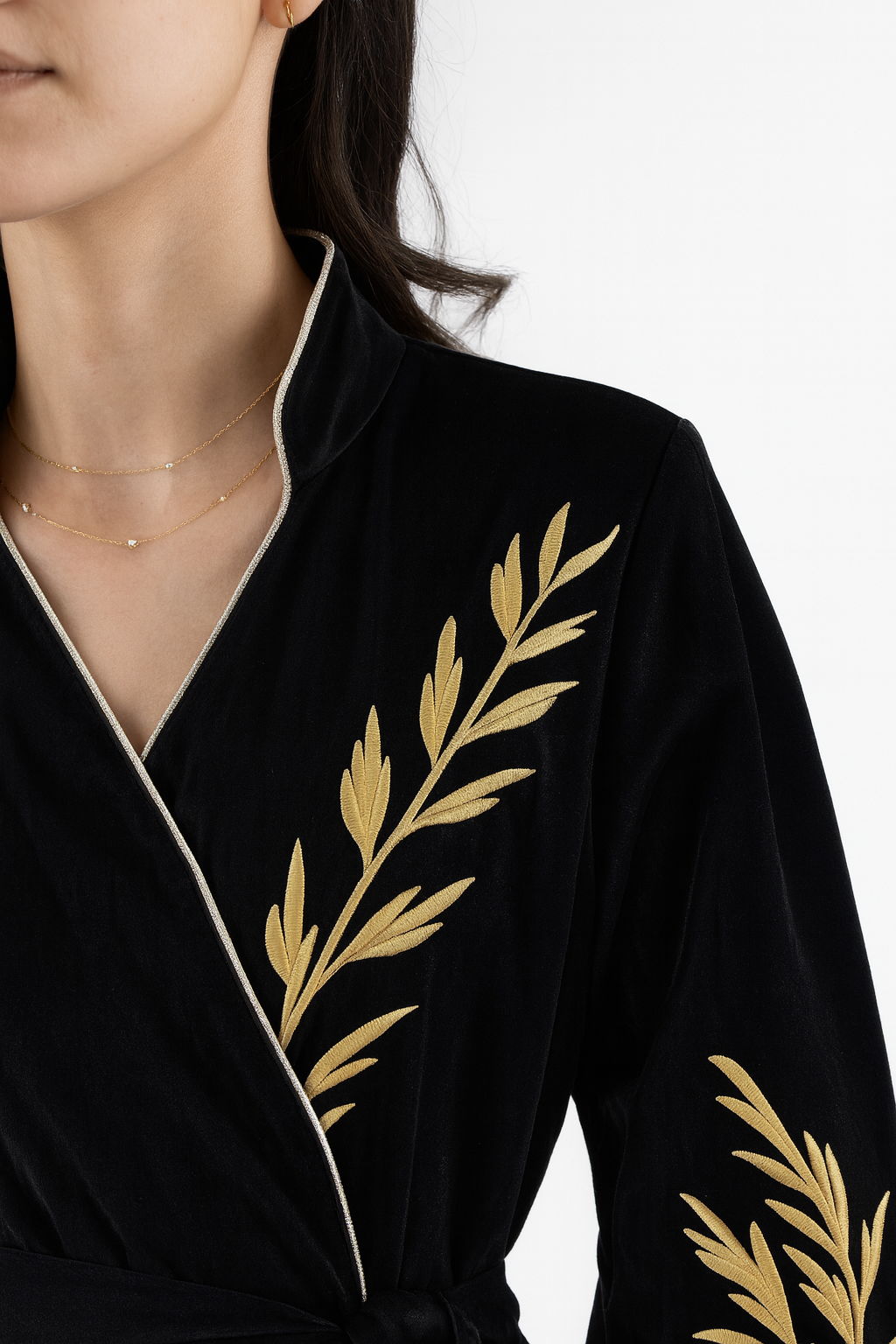 Robe Royal “Willow” Hand-Embroidered Velvet Maxi Robe — Black & Gold