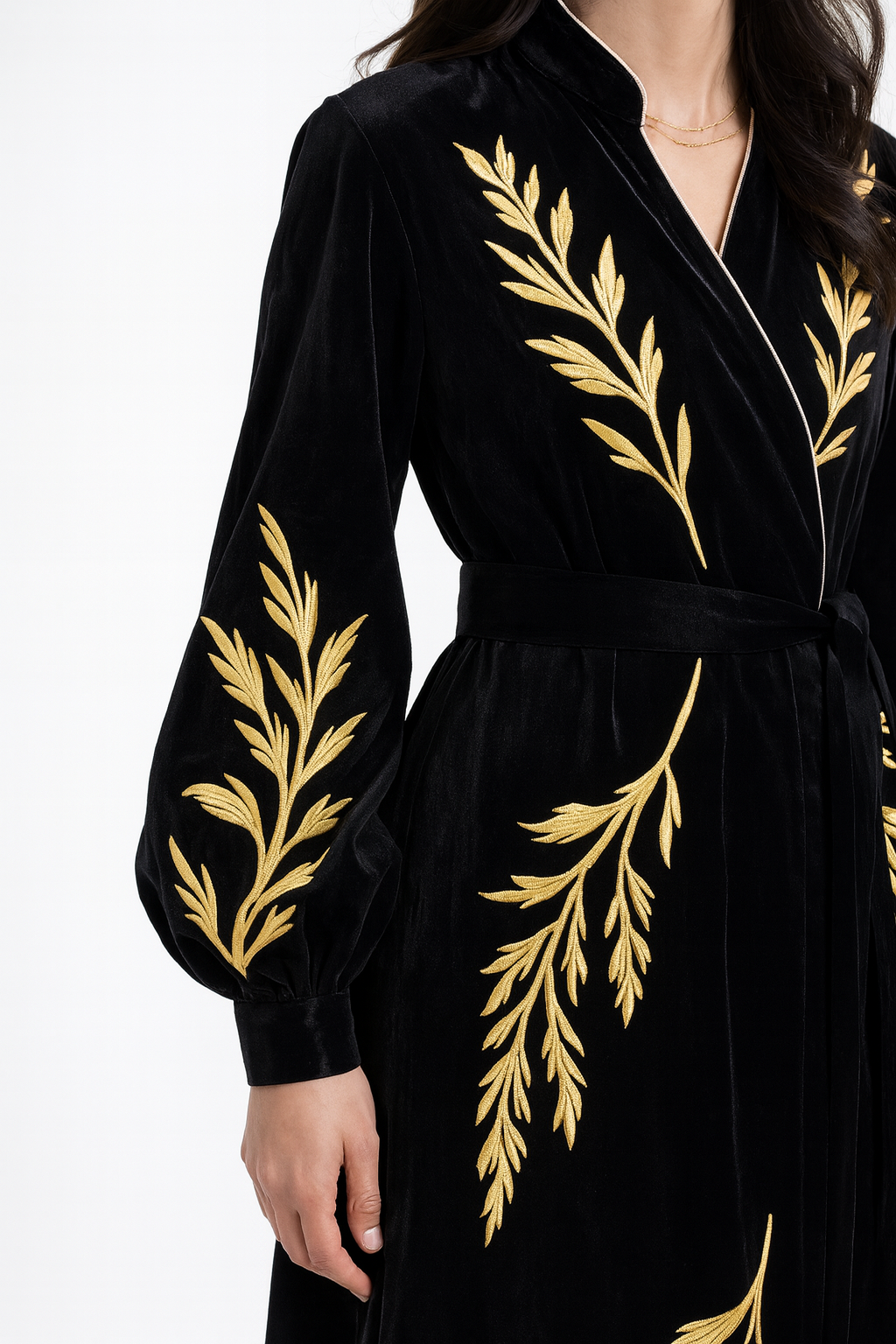 Robe Royal “Willow” Hand-Embroidered Velvet Maxi Robe — Black & Gold