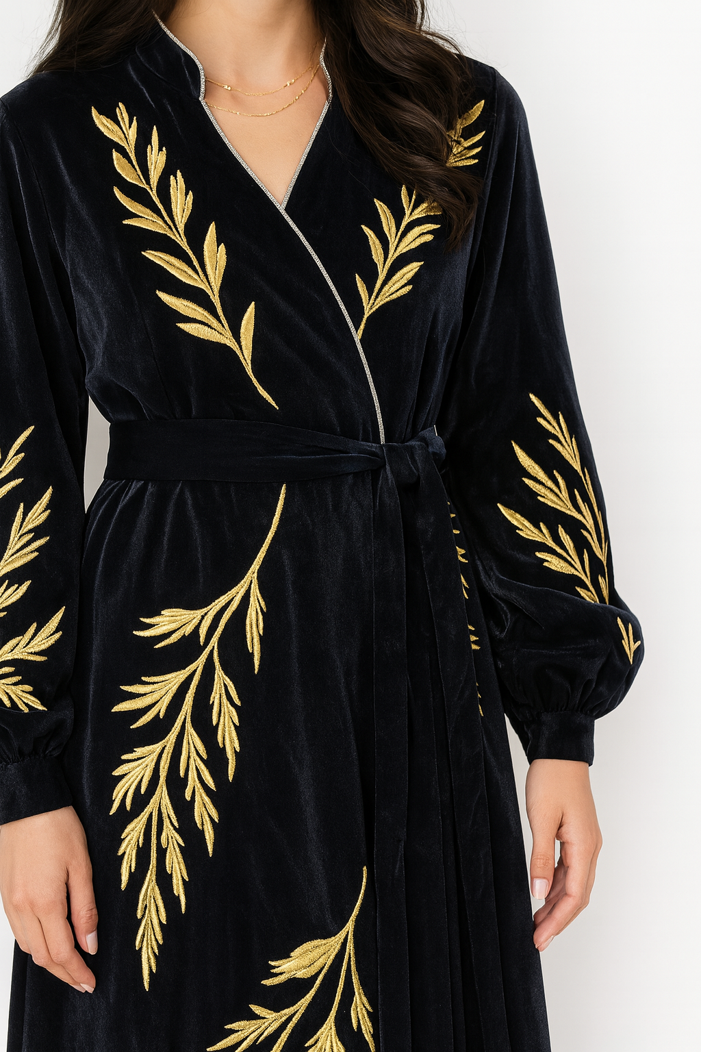 Robe Royal “Willow” Hand-Embroidered Velvet Maxi Robe — Black & Gold