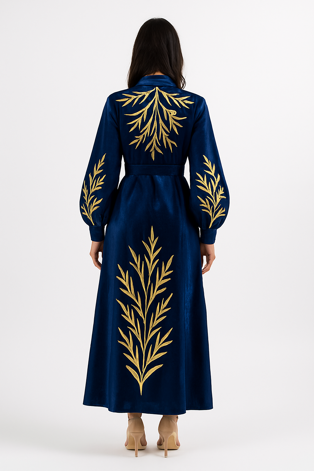 Robe Royal “Willow” Hand-Embroidered Velvet Maxi Robe — Midnight Navy & Gold
