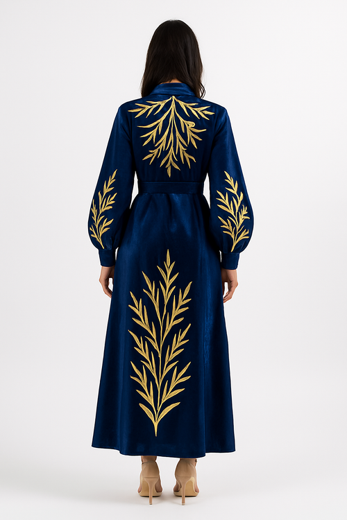 Robe Royal “Willow” Hand-Embroidered Velvet Maxi Robe — Midnight Navy & Gold