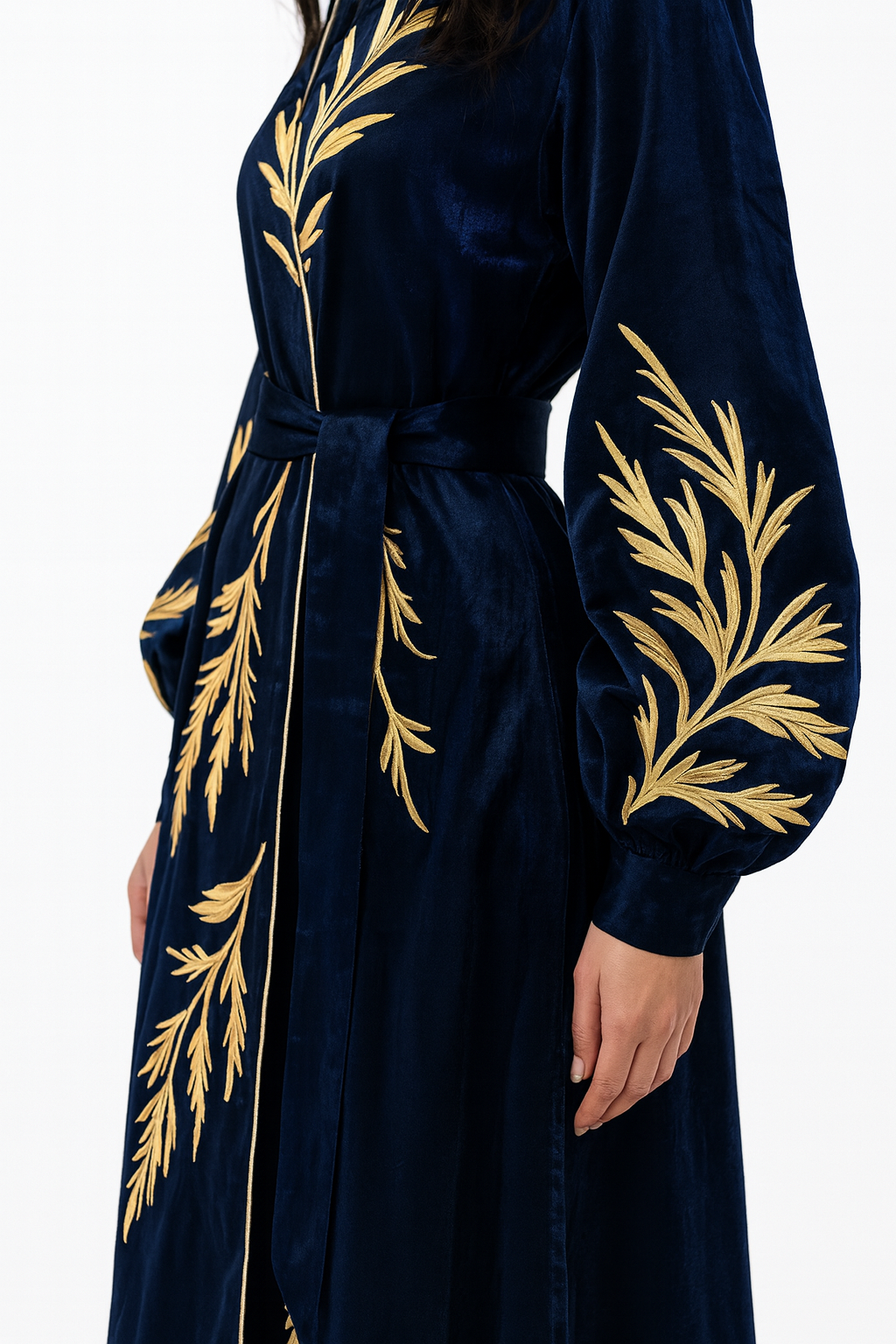 Robe Royal “Willow” Hand-Embroidered Velvet Maxi Robe — Midnight Navy & Gold
