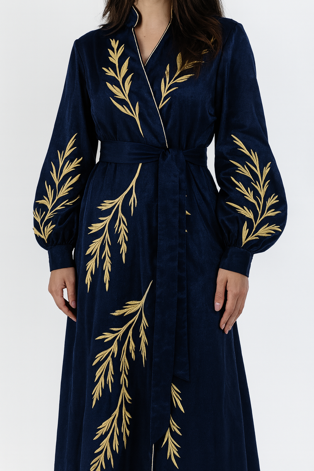 Robe Royal “Willow” Hand-Embroidered Velvet Maxi Robe — Midnight Navy & Gold