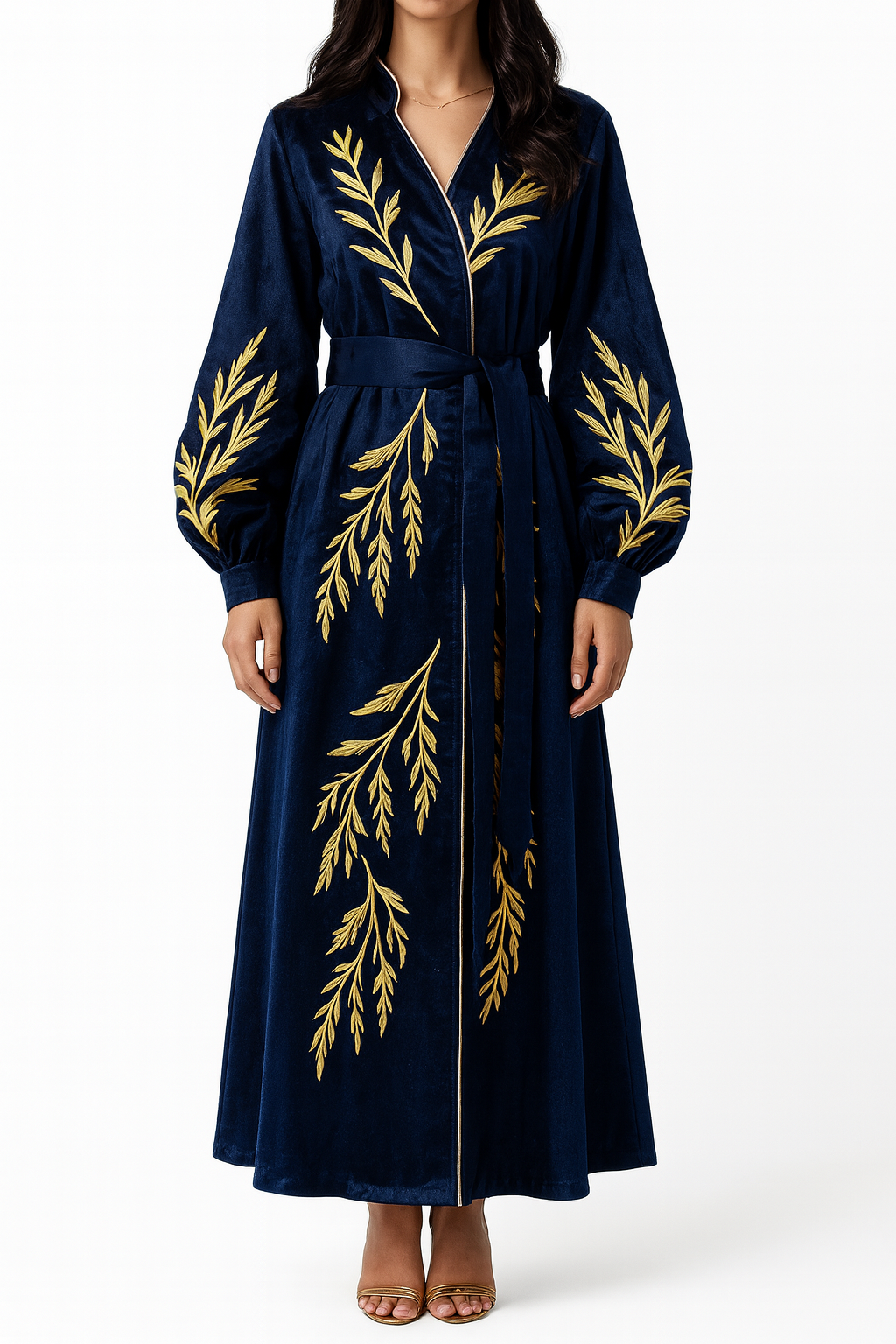 Robe Royal “Willow” Hand-Embroidered Velvet Maxi Robe — Midnight Navy & Gold