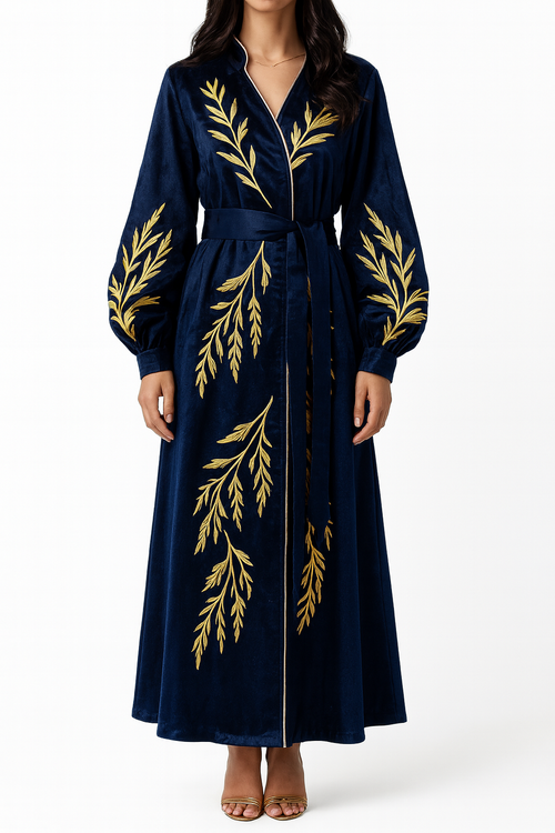 Robe Royal “Willow” Hand-Embroidered Velvet Maxi Robe — Midnight Navy & Gold