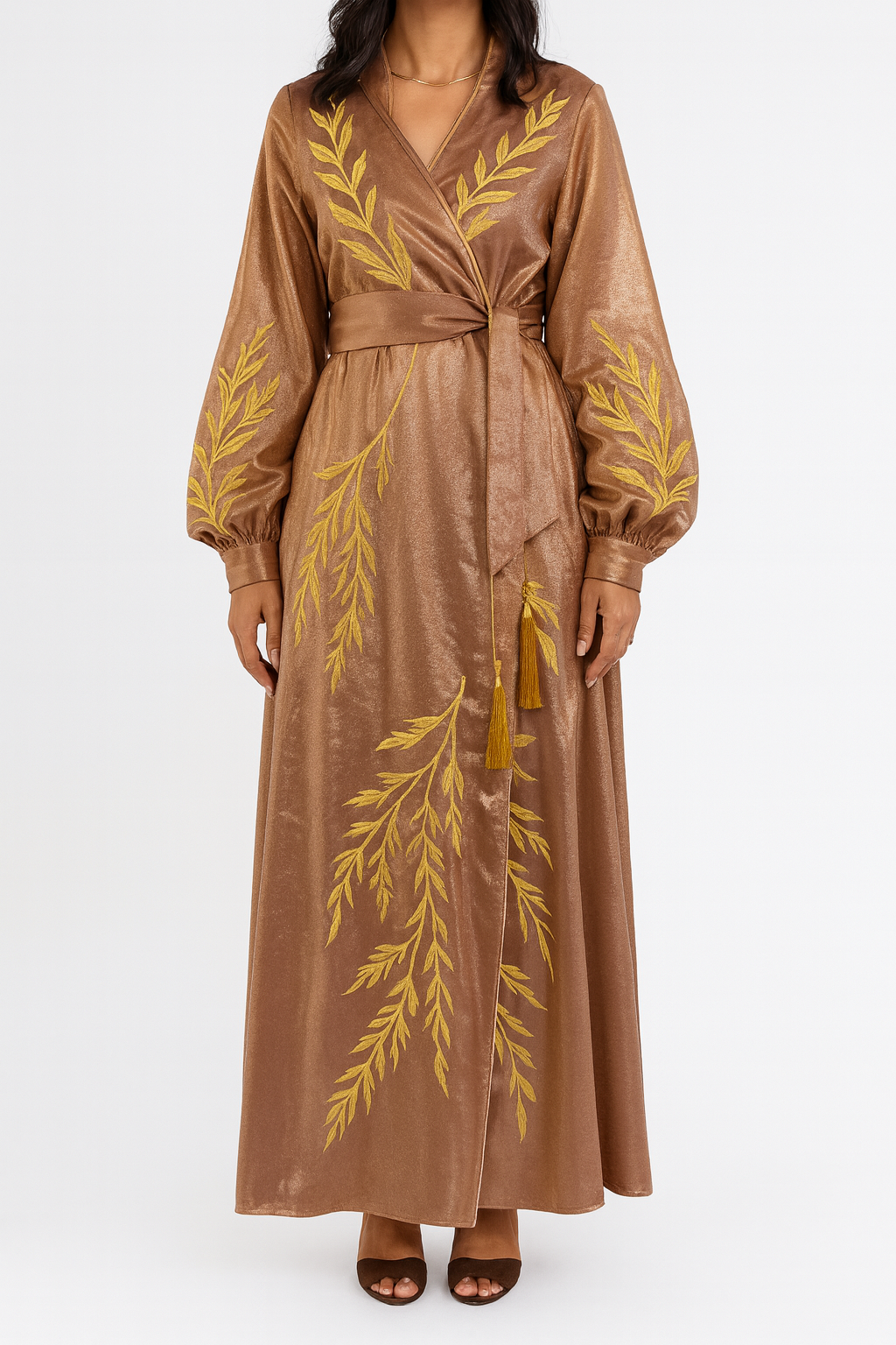 Robe Royal “Willow” Hand-Embroidered Velvet Maxi Robe — Rose Gold