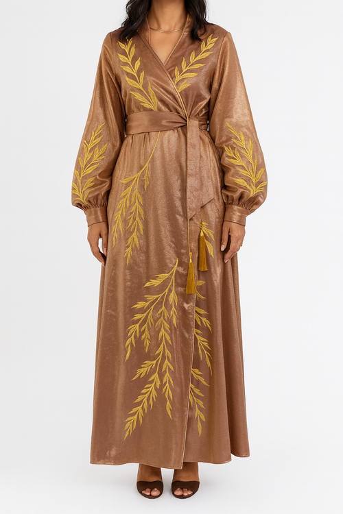Robe Royal “Willow” Hand-Embroidered Velvet Maxi Robe — Rose Gold